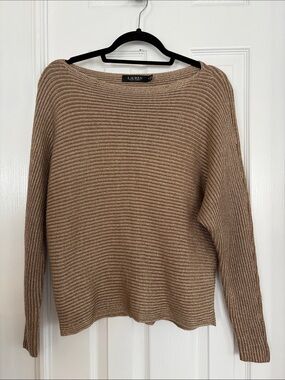 Lauren Ralph Lauren Tan Ribbed Boatneck metallic Gold stretchy knit sweater NWOT
